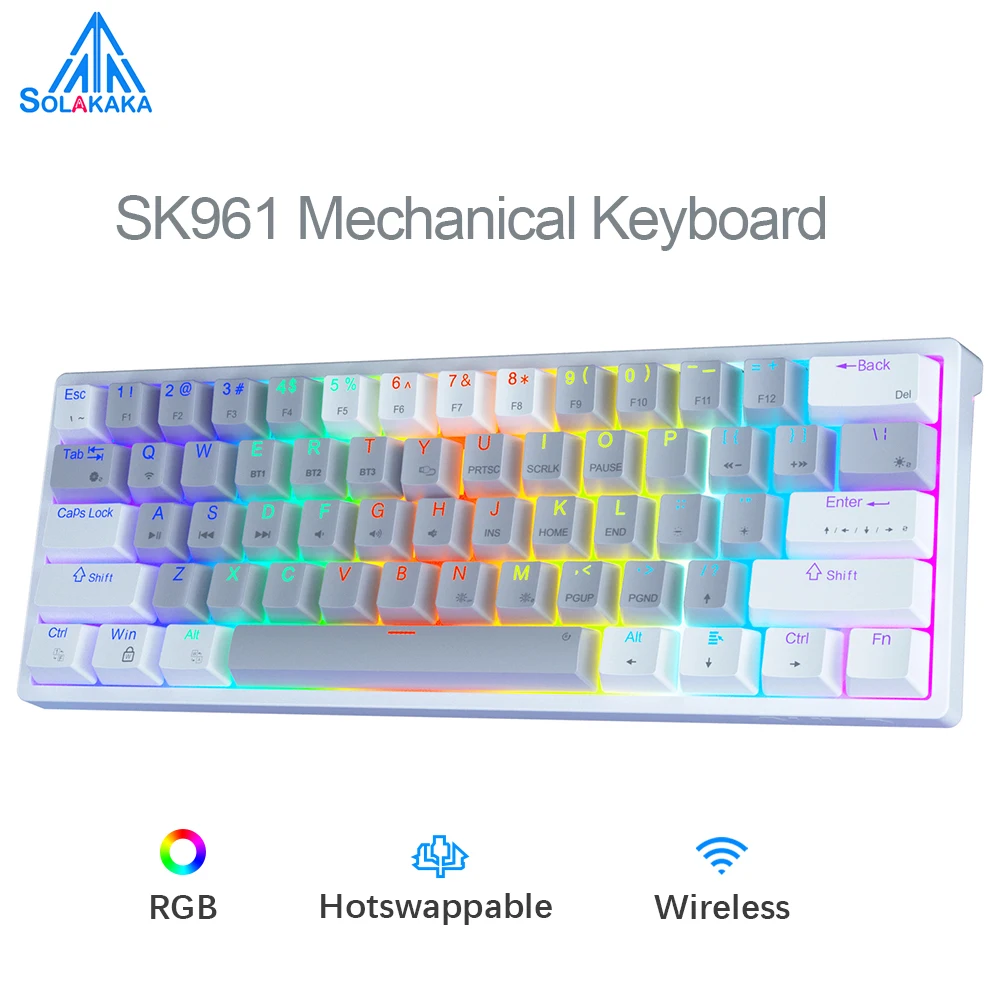 SOLAKAKA SK961 60%  Wireless Mechanical Keyboard Bluetooth Hot-Swappable Mini 61-Keys RGB Backlit Programmable Gaming Keyboard