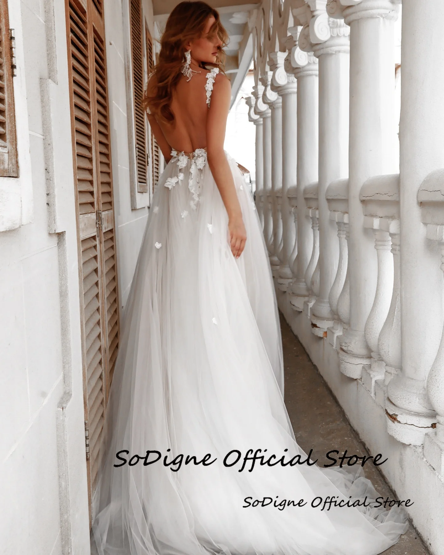 SoDigne A-Line Tulle Wedding Dress Sleeveless V-neck Lace Appliques Women Backless Boho Split Long Bridal Gown Customized