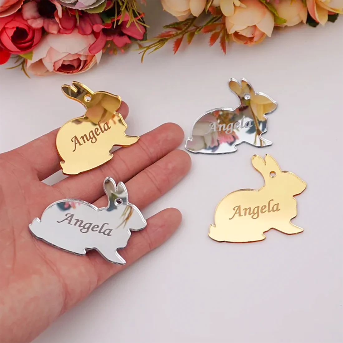 

30/50/100Pcs Personalized Birthday Acrylic Mirror Rabbit Bridal Shower Gift Custom Banquet Dinner Hanging Tags Party Favors