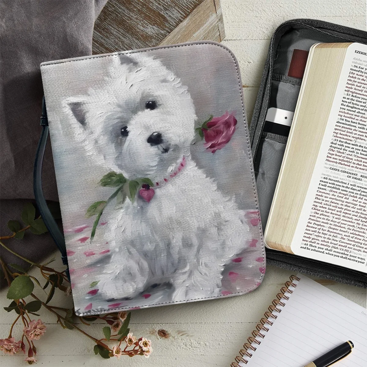 Lovely Westie Dog Painting Women's Bible Storage Bags Leather Handbags Zipper Handle Bible Bag Practical Bible Study Book 2023