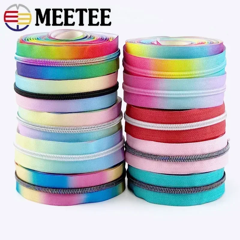 1/2/3M 5# Meetee Printed Nylon Zippers Plastic Decorative Zips Bag Luggage Zipper Coil Roll Rainbow Zip Closures Repair Kit