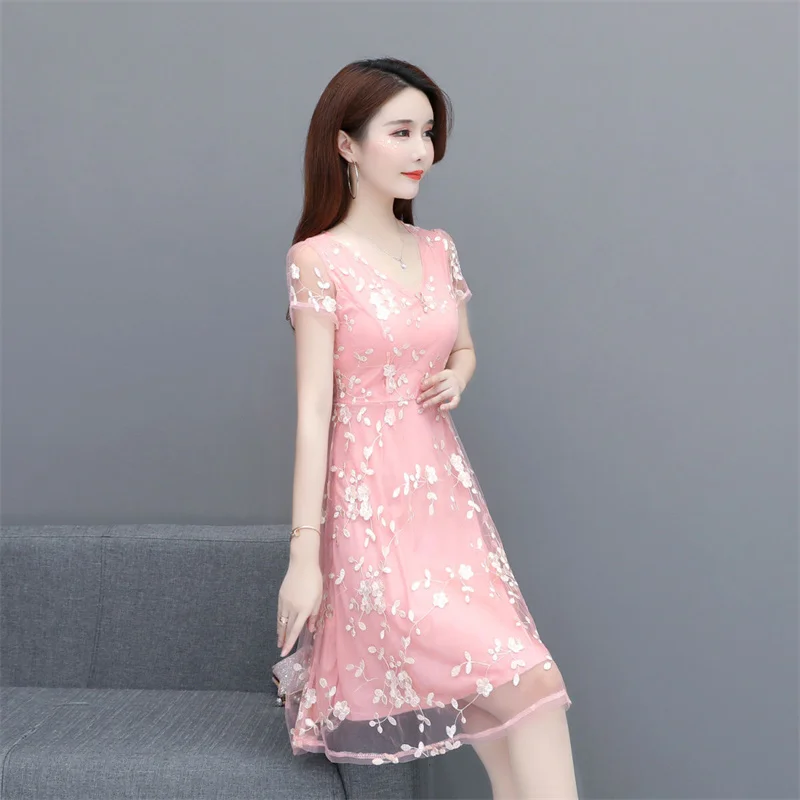 2025 신상 봄 여름 여성 중국풍 미니 원피스 패션 플로럴 메쉬 자수 슬리밍 스커트 여름 스윗 리틀 스커트