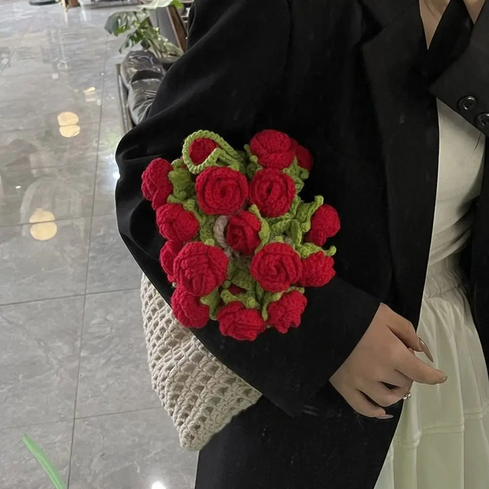 Bohemian Rose Bouquet Weave Bag Crochet Cotton Rope Knitted Flower Shoulder Bag Rustic Hollow Out Rose Beach Bucket Bag Shopping