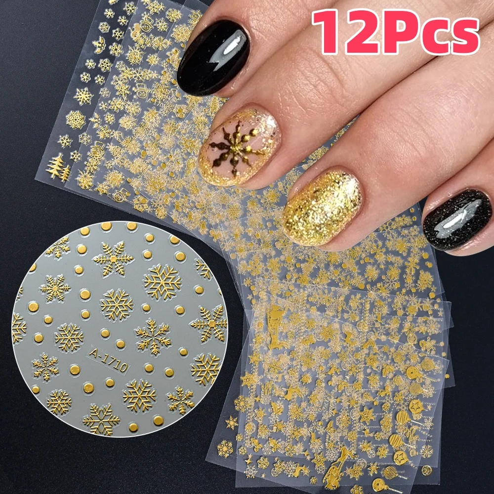 12 Teile/satz 3D Weihnachten Gold Schneeflocken Nail art Aufkleber Neue Jahr Winter Selbst-Kleber Sliders Weihnachten Schneeflocke Maniküre Aufkleber &