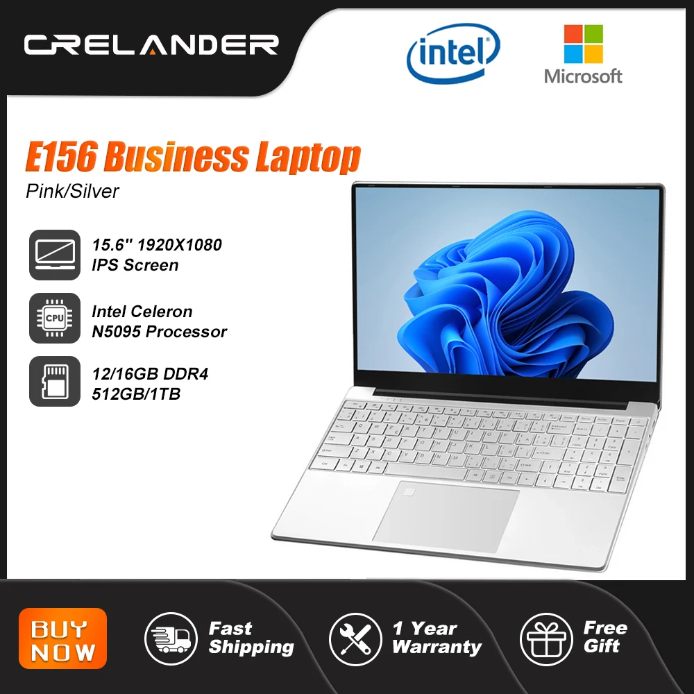 

CRELANDER Cheap Laptop 15.6 " Intel Celeron N5095 DDR4 16GB RAM 1TB SSD Backlit Ultrathin Notebook Business Laptops PC Computer