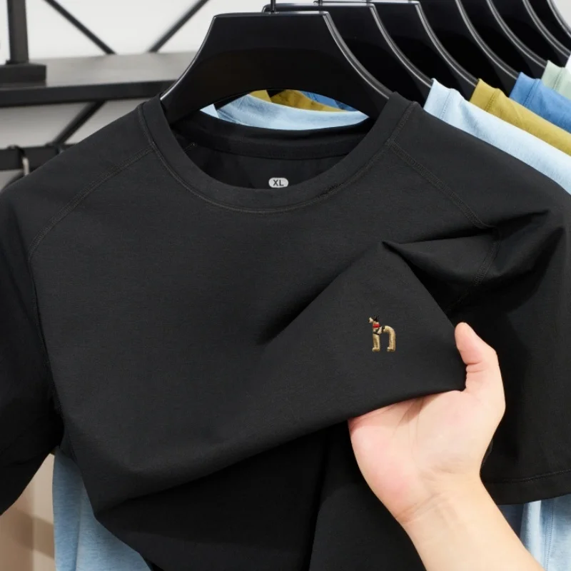 

Удобная спортивная крутая футболка для отдыха и спорта, новая летняя мужская футболка из ледяного шелка с короткими рукавами, изысканный брендовый топ с вышивкой, бестселлер