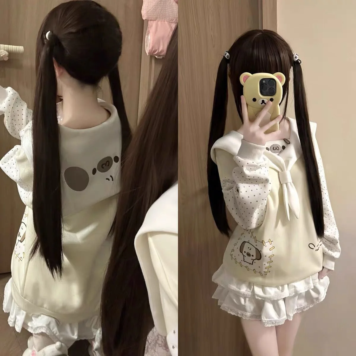 일본 만화 만화 강아지 프린트 ​ 여성용 스위트 세일러 칼라 참 스웨트셔츠 Y2K 에스테틱 물방울 무늬 로리타 후디