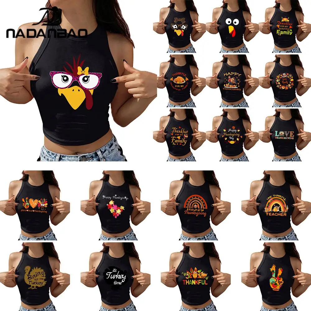 

NADANBAO Turkey Holiday Crop Top for Women Happy Thanksgiving Black Printed Camisole Sleeveless Sexy Vest Fashion Party Gifts