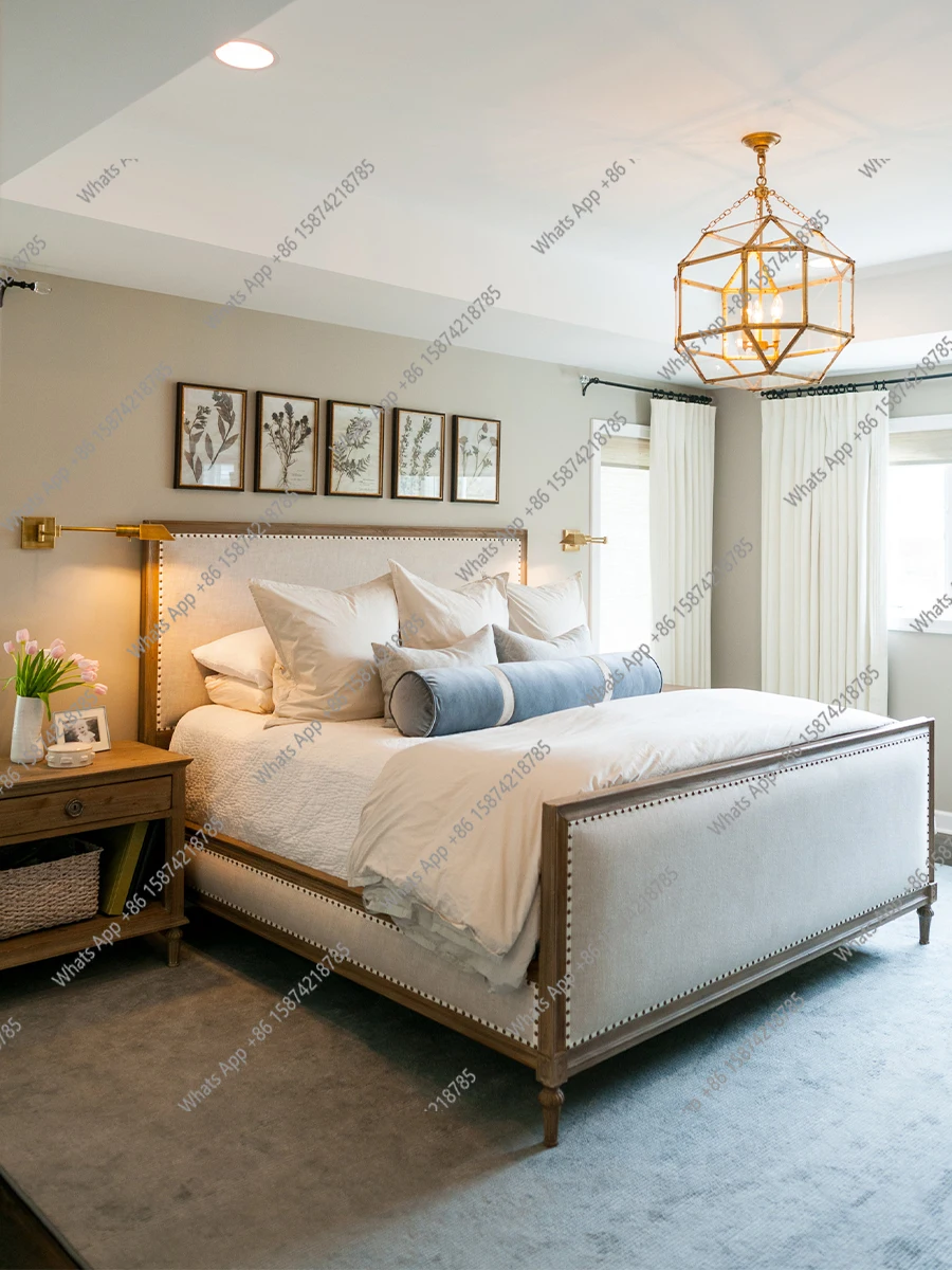 

French vintage solid wood fabric bed, double bed, master bedroom 1.8 meters, modern simple American log home storage