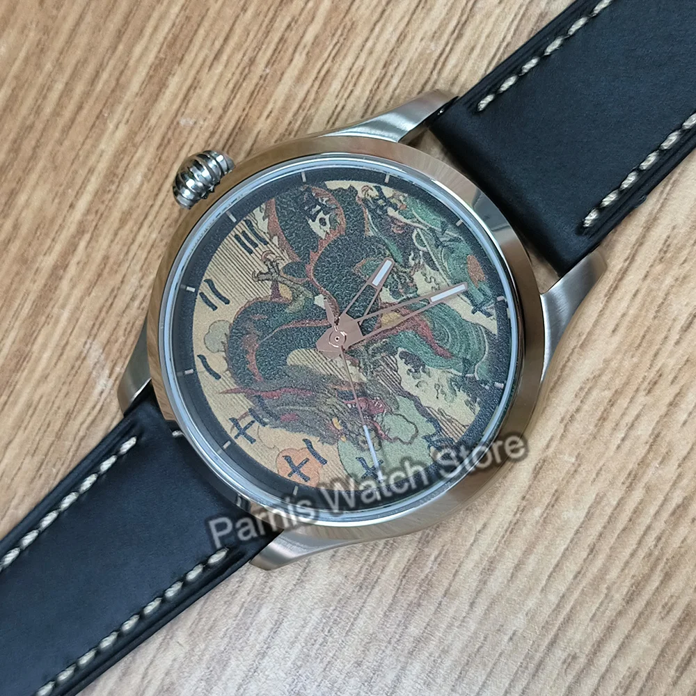 42mm Parnis Automatic Movement Men\'s Casual Black Capital Numerals Wristwatch Sapphire Crystal Dragon Drawing Custom Made Dial