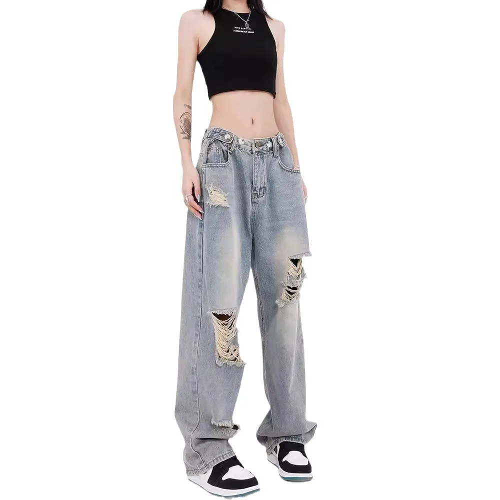 Denim Wide Leg Pants Women Floor Length Hole Jeans 2025 Streetwear Vintage Washed High Waist Distressed Straight Trousers