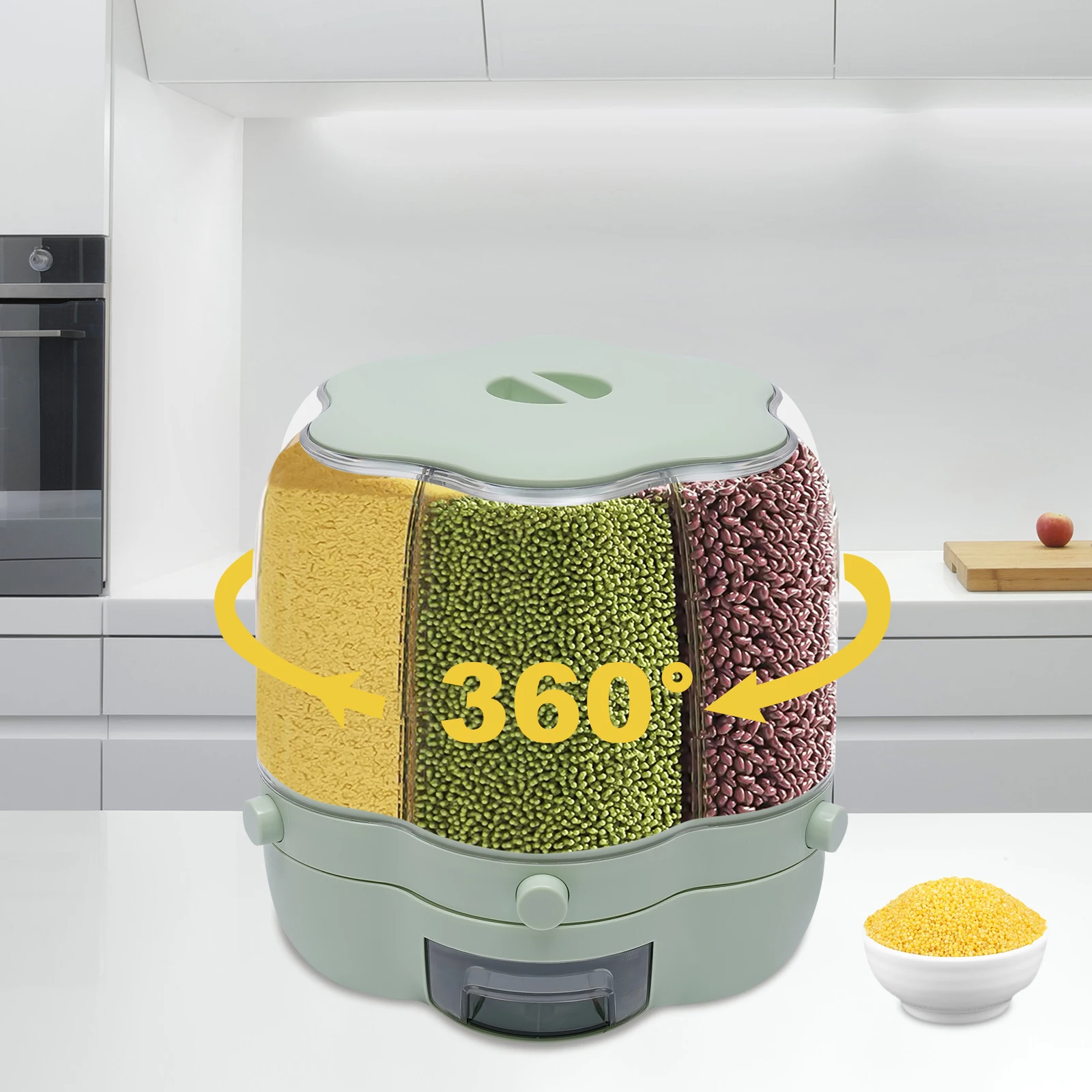 

8KG Rotating Food Dispenser, 6 Grids Cereal Container, Grains Rice Container Storage, Dry Food Dispenser Storage (Matcha Color)