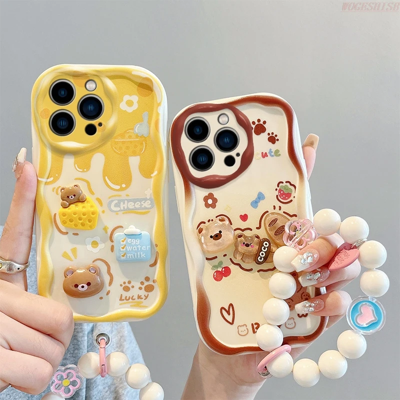 Kuromi Bear Rabbit Phone Case For iPhone 15 14 13 12 11 Pro Max X XR Xs Max 8 7 6s Plus SE2 SE3 Flowers Wrist Strap Curly Cover