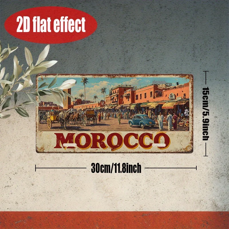 HD Aluminum Print, Vintage Morocco Marrakech Medina Souk Retro License Plate Style Wall Art, High Definition Bend-Resistant Meta view 4
