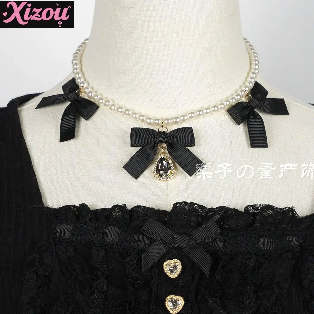

Japanese Handmade Collarbone Chain Bow Water Drop Pendant Highlight Pearl Necklace Tianlei Mass-produced Lolita Accessories Girl