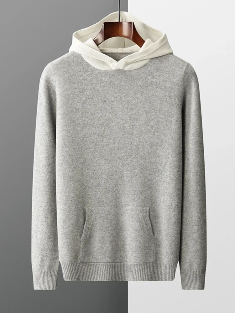 Tcyeek Men Hooded Pullover Cashmere Sweater Autumn Winter 100% Merino Wool Knitwear Smart Casual Sweater Korean Fashion Tops