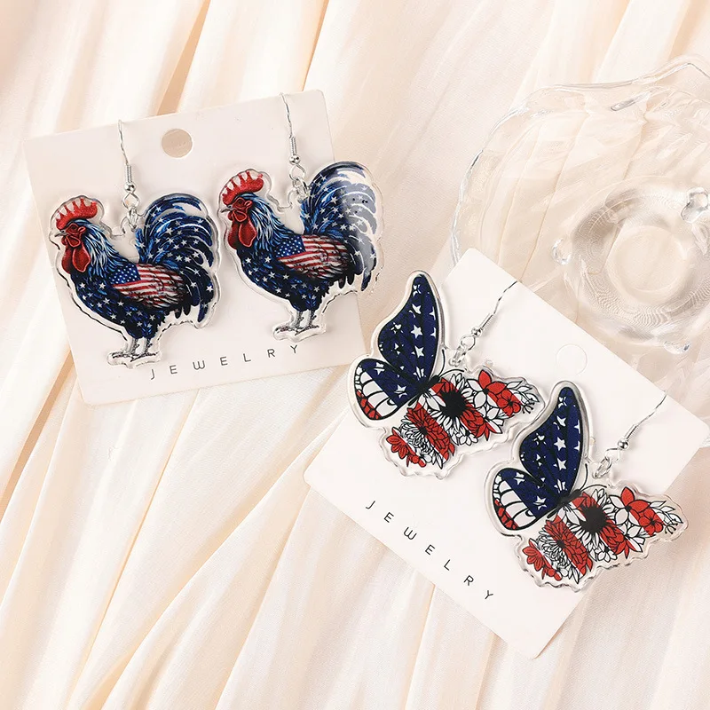 July 4th Funny Boots Chicken Duck Earrings Patriotic Cock Butterfly  American Flag Print Earrings Independence Day Costume