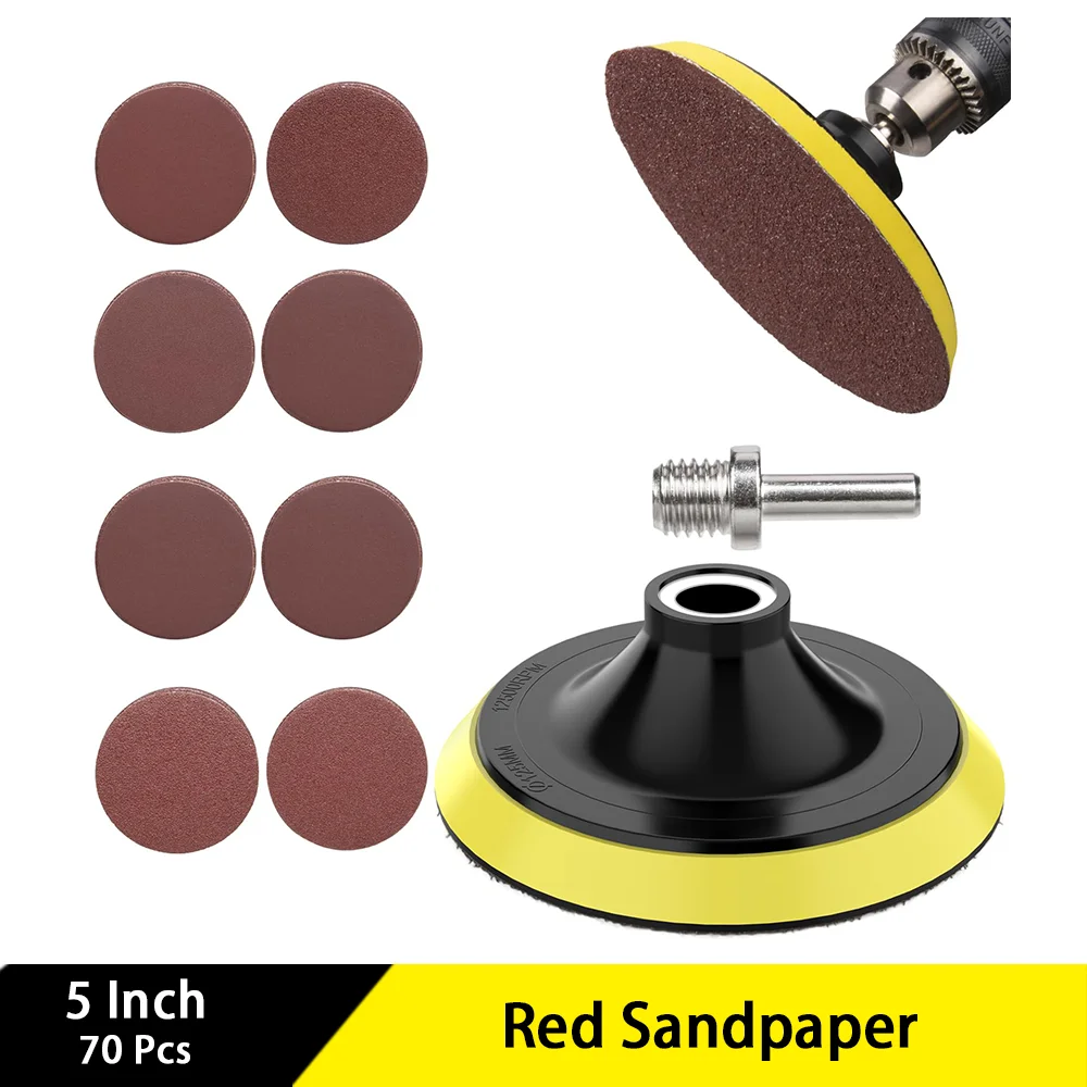 

5 Inch Red Sandpaper Hook & Loop Sanding Discs 70 Pcs Assorted 40/60/80/120/180/240/320/600 Grits for Polishing Burr Rust