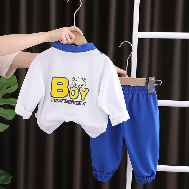 Korean Baby Infant Boy Clothes 2023 Spring Autumn Cartoon Turn-down Collar Long Sleeve T-shirts Pants Kids Two Piece Outfit Set