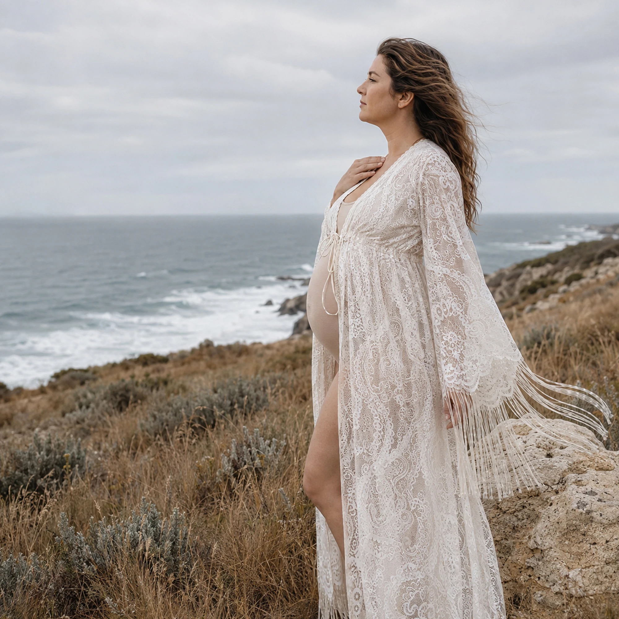 Don&Judy Lace Fringe Long Sleeve Open Front Gown with Flowy Train for Bridal Shower Photography and Elegant Evening Dress