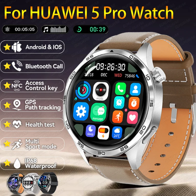 Смарт-часы для Huawei WATCH 5 Pro, мужские AMOLED, полный сенсорный экран, спортивный фитнес, Bluetooth-вызов, NFC, пульсометр, SmartWatch 2024, новинка