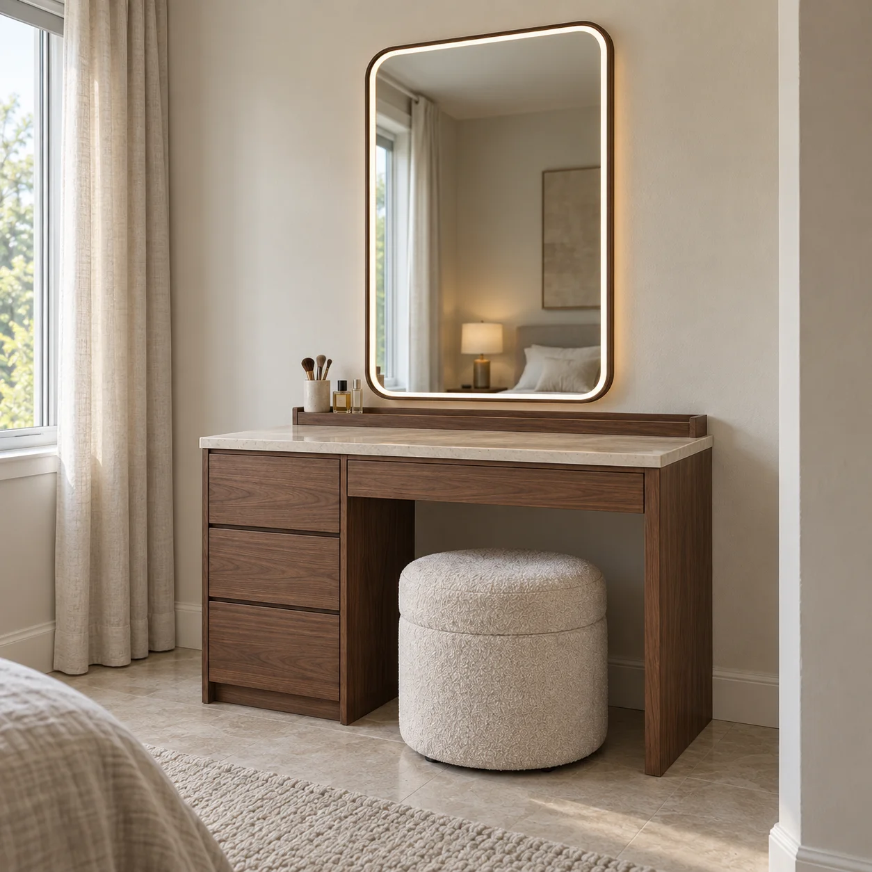 ju- Modern Wooden Makeup Vanity Dressing Table Mirror Stone Look Top Storage Drawers for Hotel Living Room Bedroom Furniture
