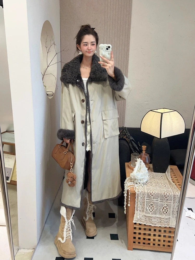 Women Winter Parka Thick Warm Natrual Real Rabbit Fur Liner Wear On Both Sides With Lamb Sheep Fur Collar Fashion Long Fur Coat