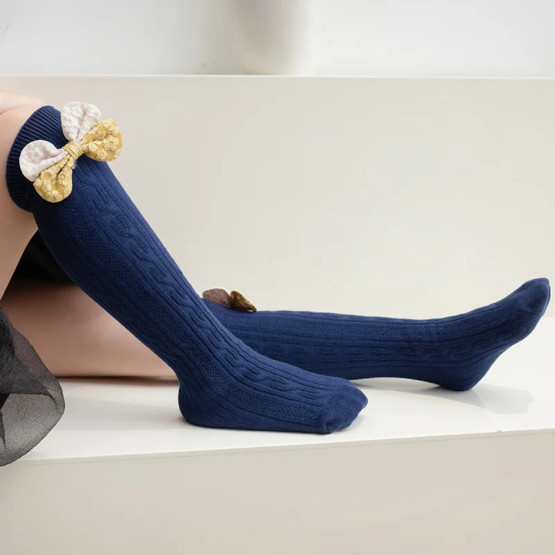 Children Cute Two Color Decor Bow Anti Pilling Cable Knit High Tube Over The Knee Socks Twisted Texture Cozy Elastic Long Socks view 2