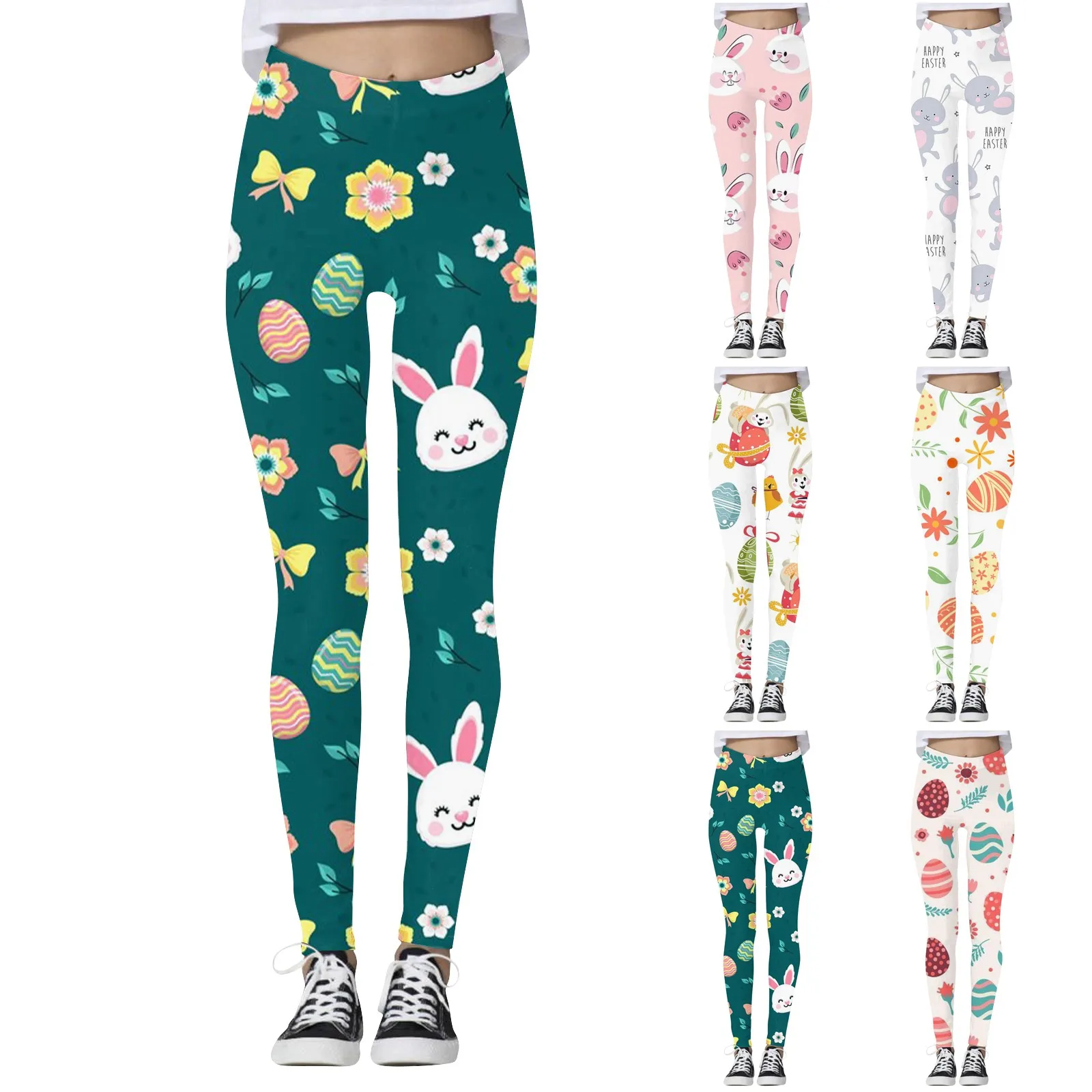 Pantalones de Yoga elásticos para mujer, mallas informales con estampado de dibujos animados de Pascua, cintura elástica, pantalones ajustados para Fitness de nueve minutos