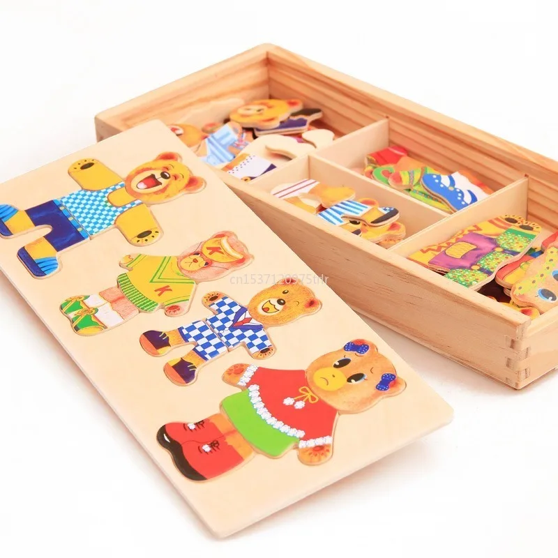 Little Bear Wooden Jigsaw Puzzle para crianças, trocar de roupa, vestir jogo, brinquedos do bebê, presente infantil