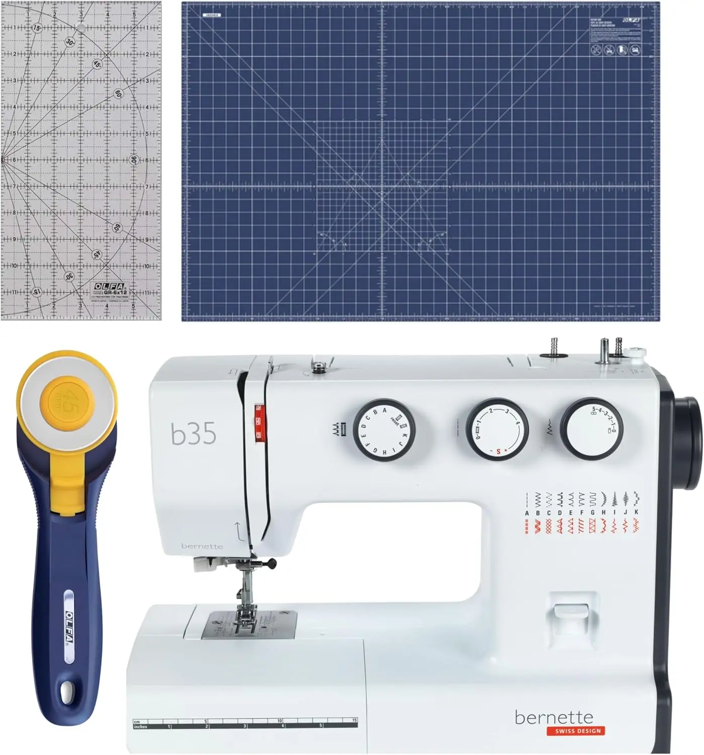 Bernette 35 Swiss Design Sewing Machine With Quilting And Sewing Kit - 1 Rotary Cutter, 1 Rotary Mat And 1 Non-Slip Frosted