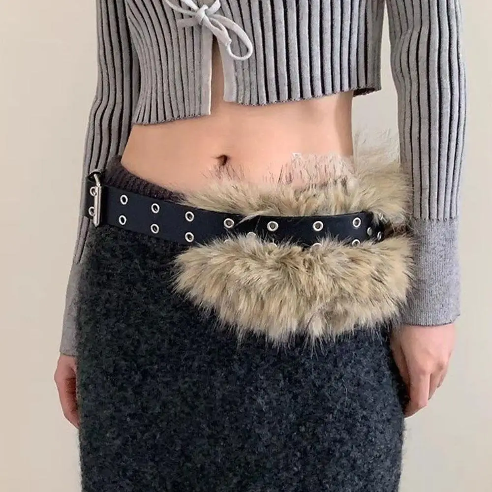 Faux Fur Leather Wide Belt Adjustable Chain Y2K Punk Grunge Y2K d.i.a. Crown Buckle Feather Chain Belt Black Punk Gyaru  main image 2
