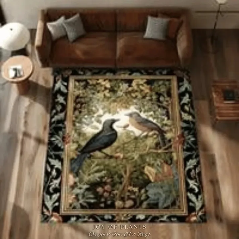 Woodland Birds Cottagecore Rug Bedroom Decor William Morris Inspired Victorian Room Dark Academia Style Rug Mystical Home Accent