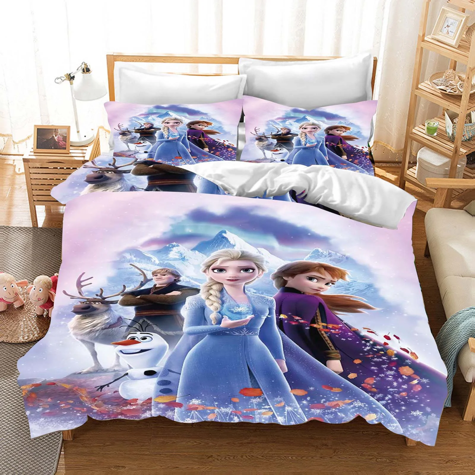 Frozen Princess Elsa Anna  Anime Printed Duvet Cover Set 3-Piece Set Bedding Covers  Polyester Home Bedroom Christmas