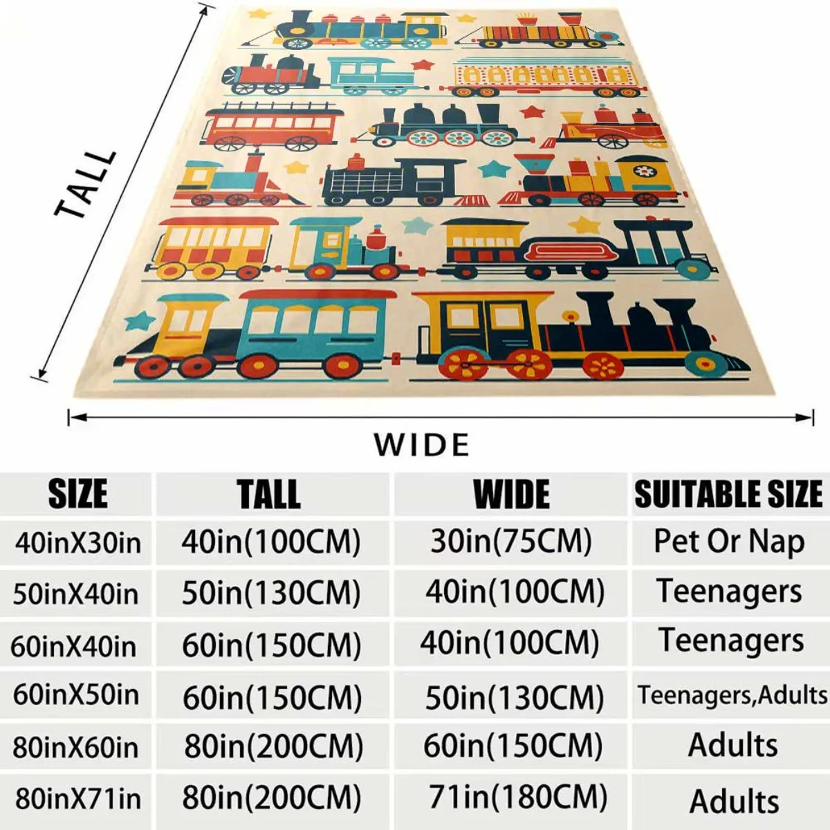 Cartoon Colorful Vintage Train Star Repeat Print Cream Base Flannel Throw Blanket, Soft Warm Sofa Cover, Kids Bedroom Gift