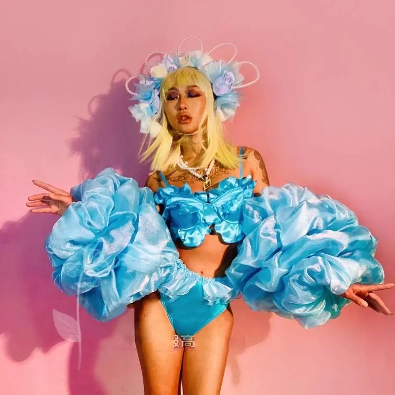 Pink Blue Flower Bikini Outfits Valentine's Day Bar Party Show Performance Costume Festival Rave DJ Dancer Singer Stage Wear