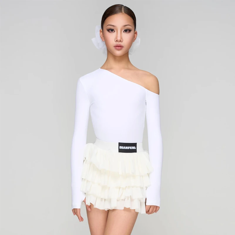 Vestidos de baile latino Samba para niños, traje de competición de baile latino para niñas, Top con hombros inclinados, falda para pastel, traje de actuación SL14054