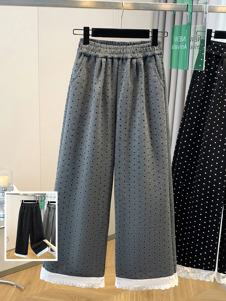 Retro Polka Dot Breite Bein Hosen Spitze Patchwork Elastische Taille Beiläufige Gerade Leggings Frühling Sommer plus Größe frauen Kleidung