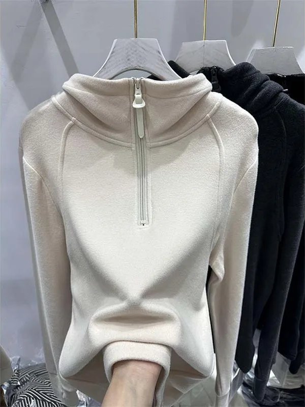 

Fashionable Hooded Sweatshirt Women's Inner Wear Base Shirt Half Zipper Velvet Fabric Straight Tube Long Sleeve Commute Style