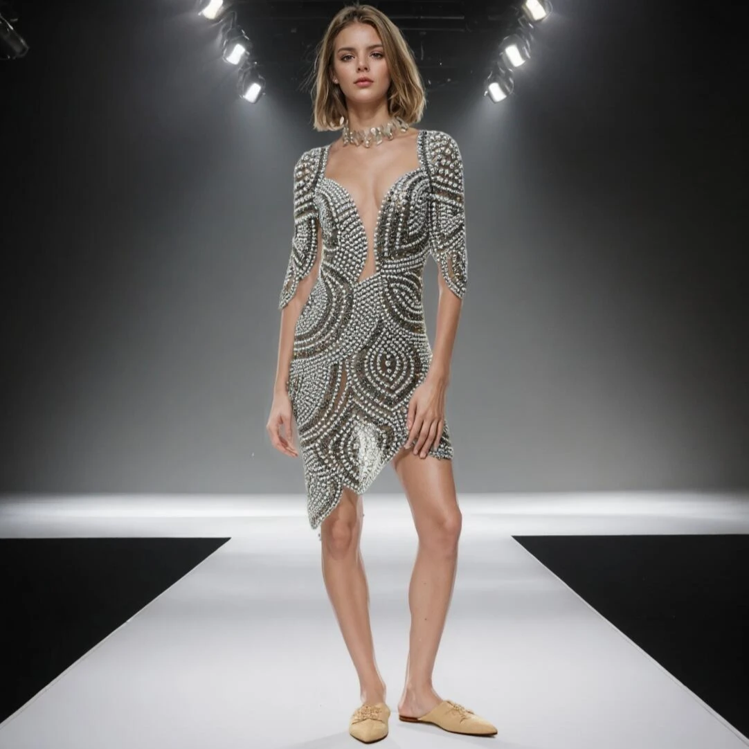 

Fashion Rhinestone Pearl Short Sleeve Dress Nightclub Party Stage Performance Bachelorette Party Dresses Women Vallentain Dress