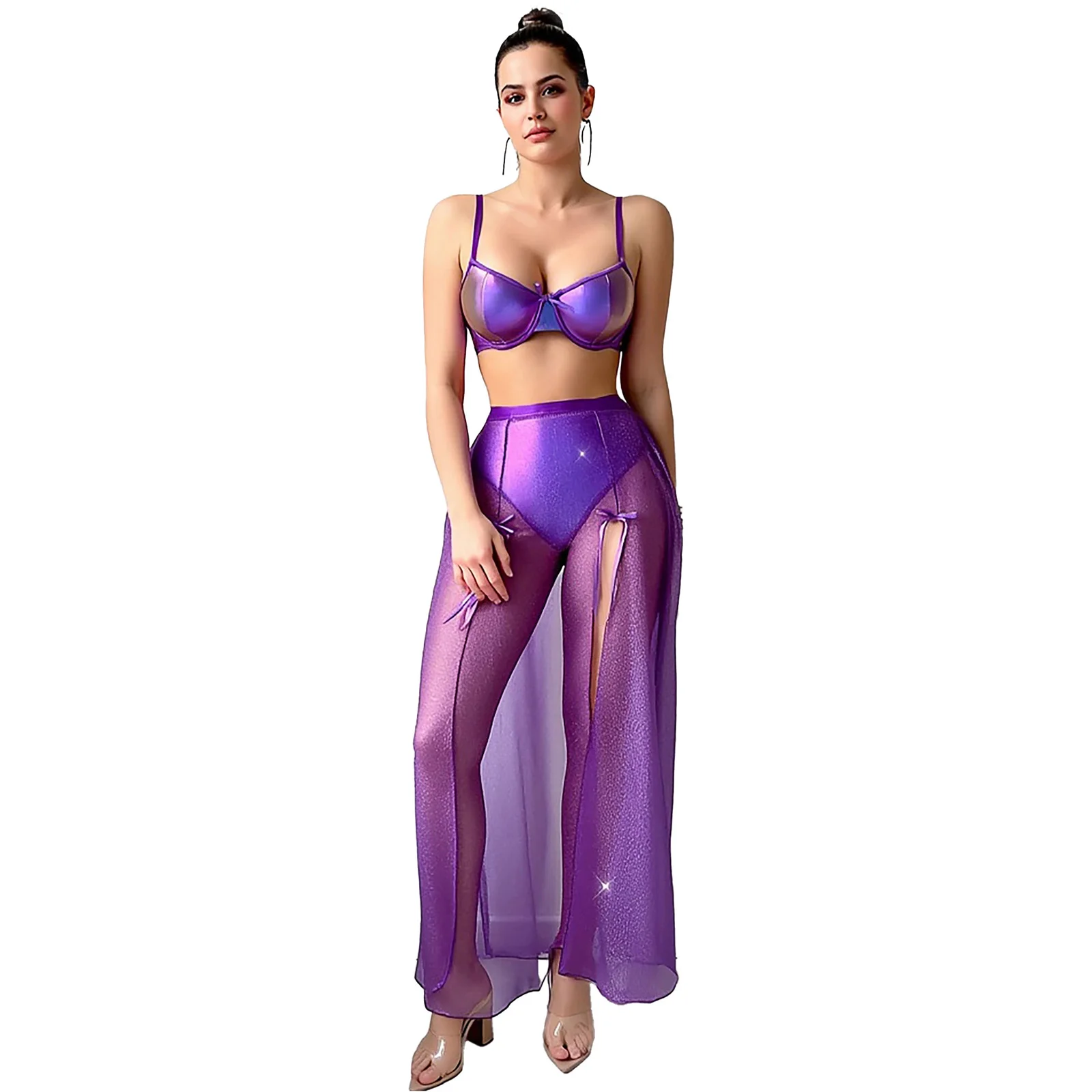 Conjunto de danza del vientre brillante para mujer, Top corto con sujetador con aros y falda larga con abertura larga, traje de espectáculo de danza moderna de dos piezas