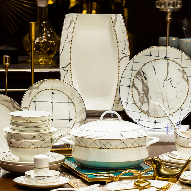 

Набор для посуды, домашняя Европейская простая Роскошная фарфоровая тарелка Цзиндэчжэнь, фарфоровые костяные китайские стандартные тарелки, палочки для еды, комбинированная релока