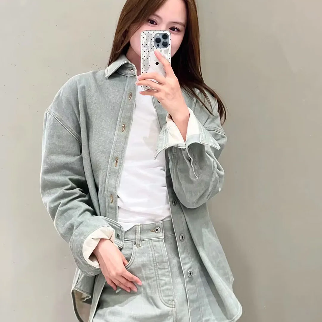 

High Quality Green Denim Shirt Women 2025 New Fashion Streetwear Lapel Long Sleeve Single Breasted Loose Casual Blouse