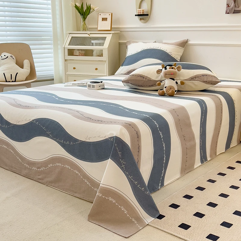Geometric Cotton Flat Sheet Set Blue Khaki Wave Striped Beige Curve Bed Top Sheets 3Pcs Breathable Elegant Bedding for Women Men image 4