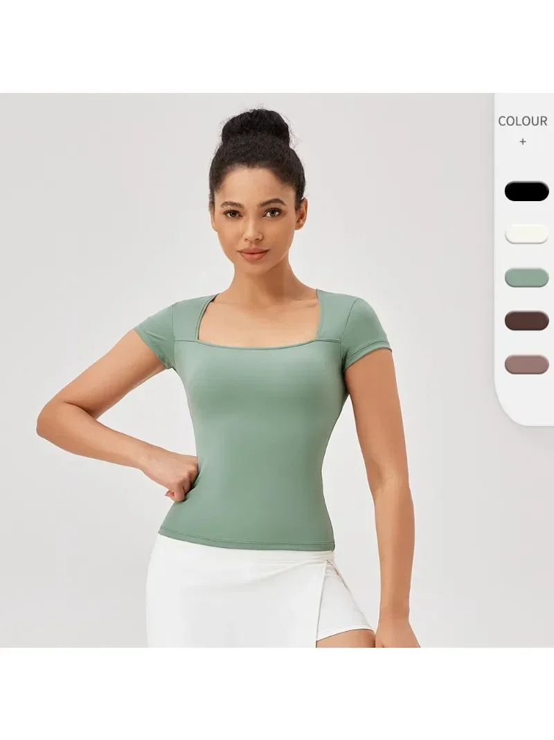 Women's Square Collar Sports Short-sleeved Slimming Tight Quick-drying Running Fitness T-shirt Nude Breathable Yoga Top