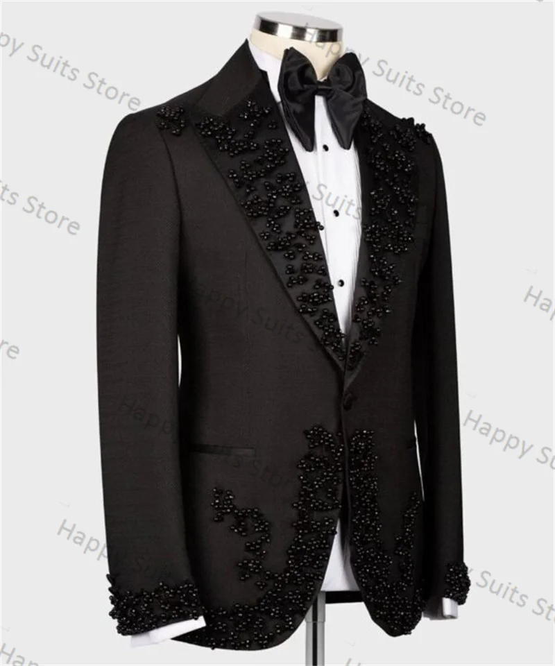 Black Crystals Men Suit Set 2 Pieces Black Blazer+Pant Formal Work Office Male Cotton Jacket Coat Trousers Prom Wedding Tuxedos