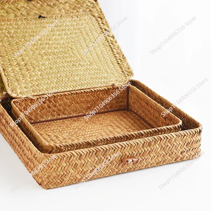 

Плетеные корзины из морской травы с крышкой, плоские корзины для хранения из ротанга, плетеные органайзеры для полок, шкафов, спальни