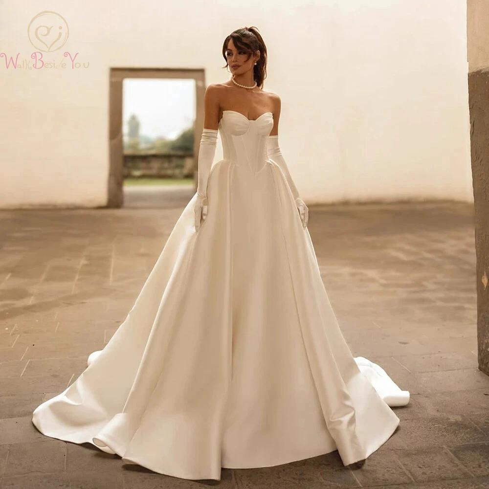 

Ivory Wedding Dresses Pleats Satin A-Line Strapless Sweetheart with Pockets Simple Elegant Bride Gowns Bridal Dress