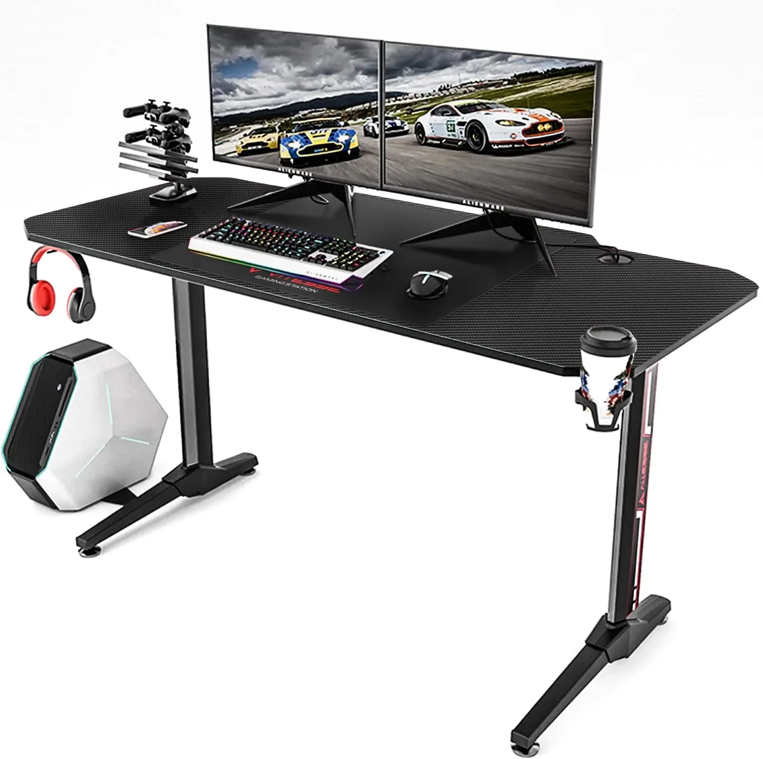 

63 inch Gaming Desk,T Shaped Racing Style with Free Mouse pad,USB Gaming Handle Rack,Cup Holder and Headphone Hook