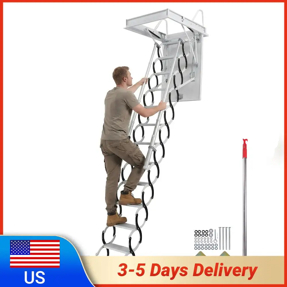 

Carbon Steel Attic Staircases with Handrails Fold Armrests Attic Steps 660LBS Capacity Pull Down System For Home Duplex Villas